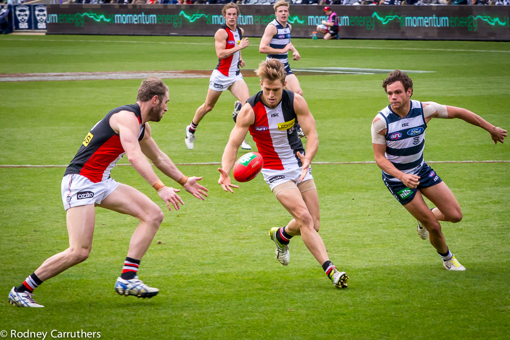 15th June 2014 - Geelong v St Kilda - Luke Delaney  guards  Sean Dempster as Steven Motlop is ready to pounce.