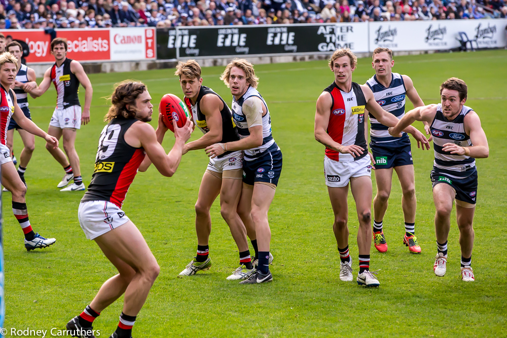 15th June 2014 - Geelong v St Kilda - Cameron Shenton about to clear and Jesse Stringer coming at him.