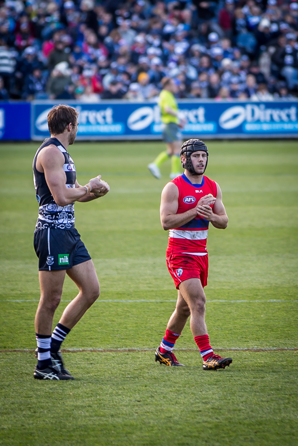 18th July 2015 - Geelong v Western Bulldogs - Corey Enright Geelong  - 187 cm (6ft 2in) - Caleb Daniel Western Bulldogs - 168 cm (5ft 6in)